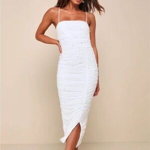 Lulu's White Ruched Sheath Midi Dress
